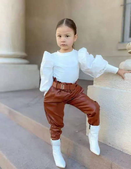 Belted Leather Pants & Puffsleeve Top Set