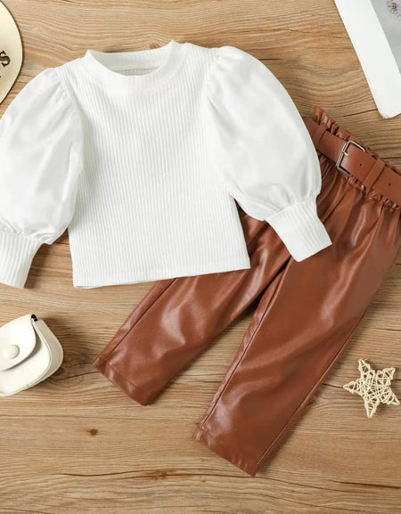 Belted Leather Pants & Puffsleeve Top Set