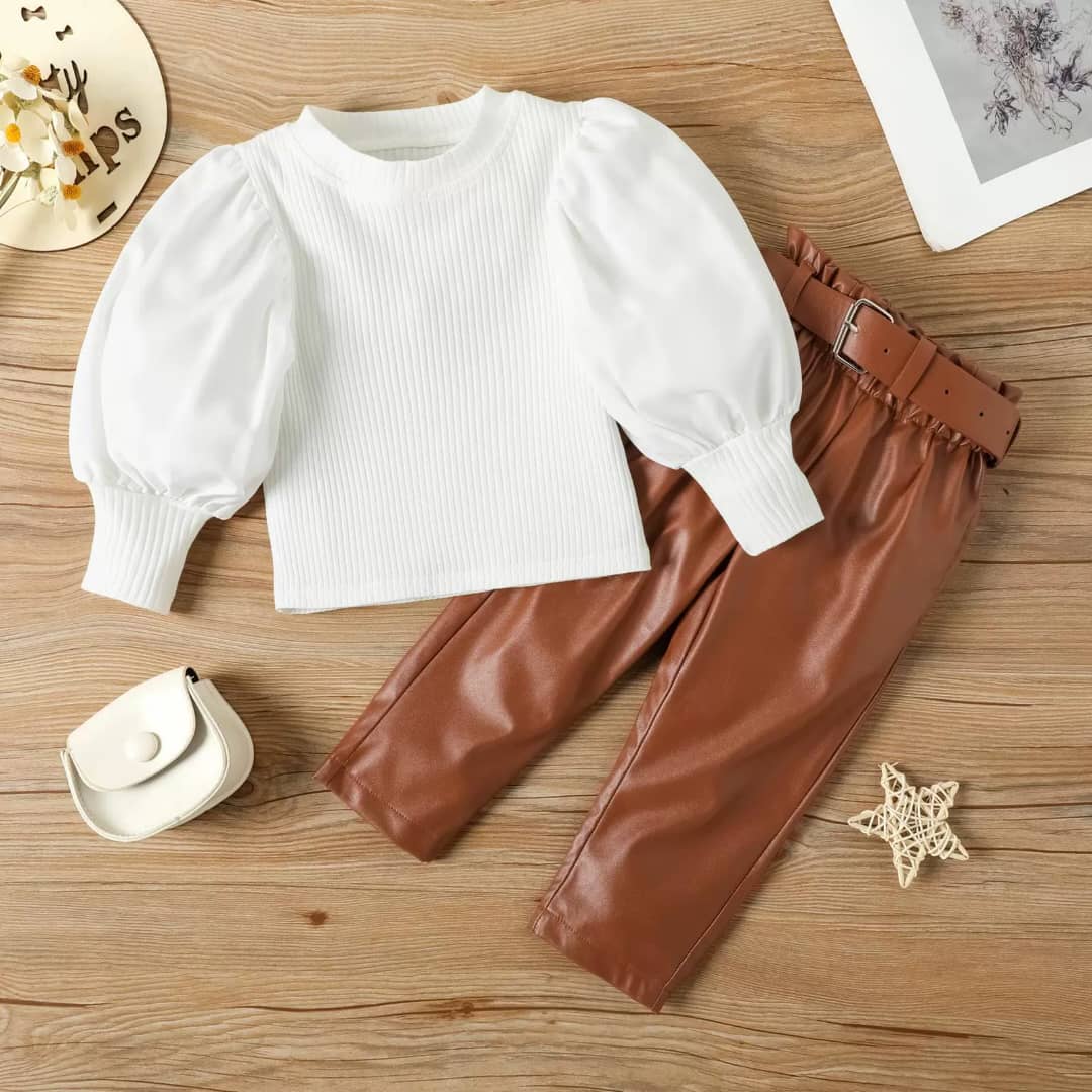 Belted Leather Pants & Puffsleeve Top Set