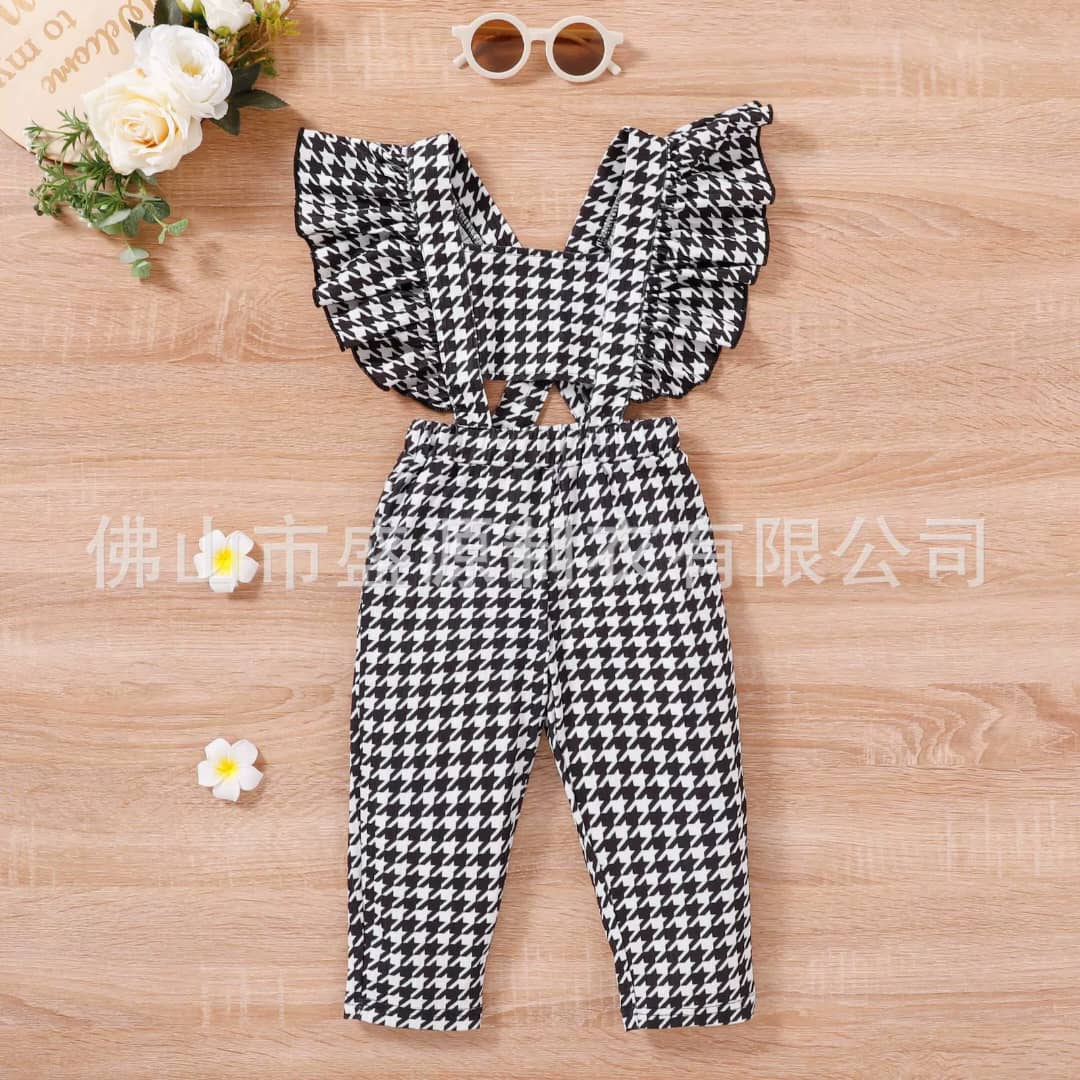 Houndstooth Ruffle Trim Overall & Longsleeve Vest