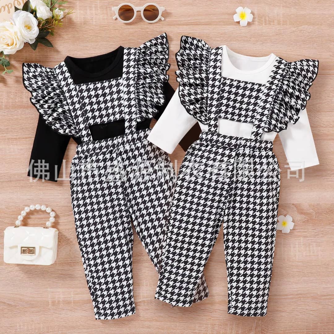 Houndstooth Ruffle Trim Overall & Longsleeve Vest