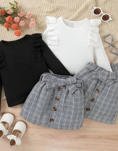 Ruffle Sleeve Top & Plaid Button Detail Skirt