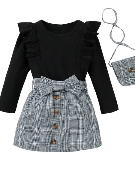 Ruffle Sleeve Top & Plaid Button Detail Skirt