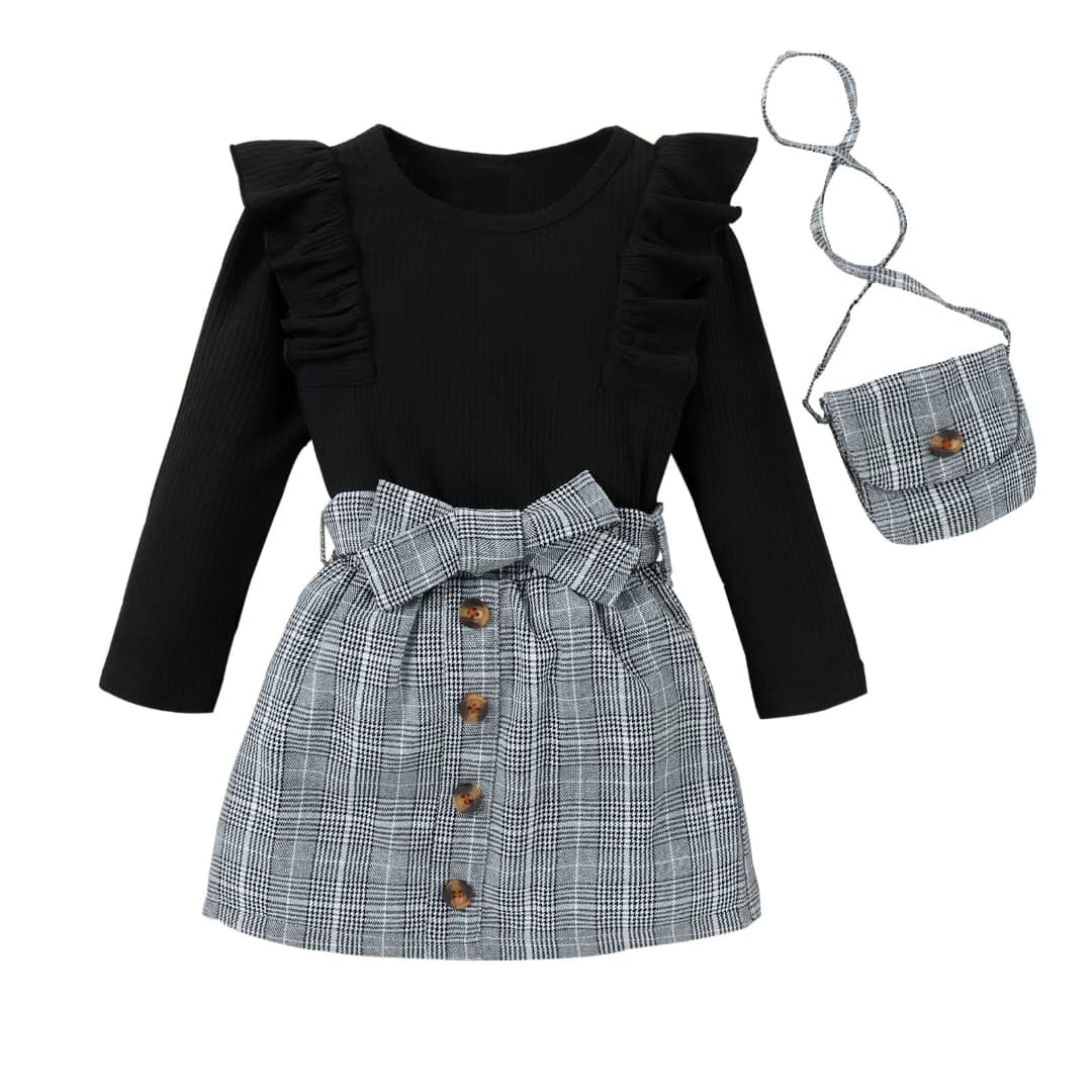 Ruffle Sleeve Top & Plaid Button Detail Skirt