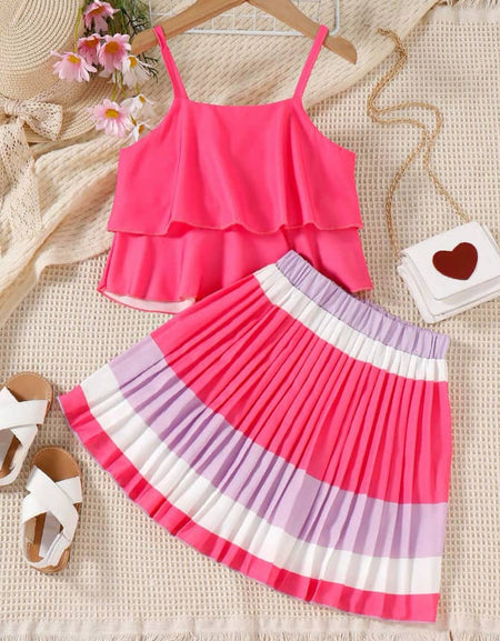 Pleated Colorblock Skirt & Layered Cami Top Set