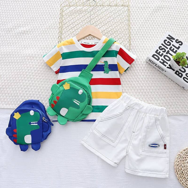 Multicolored Stripe & Plain Shirt & Shorts Set with Cross Bag