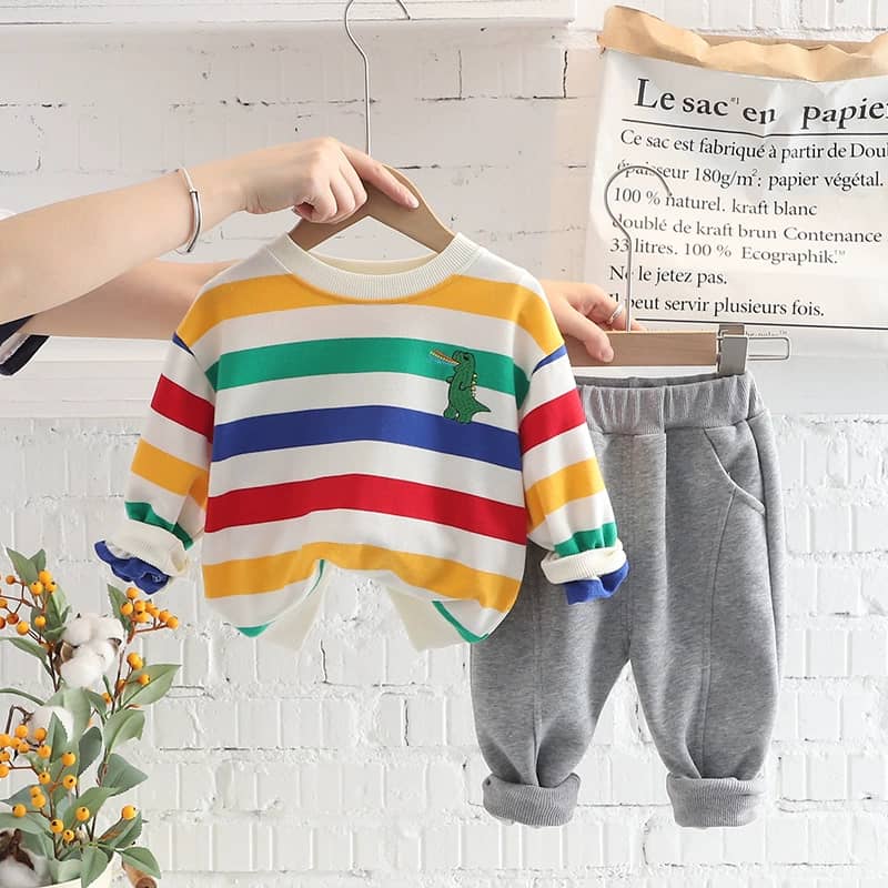 Multicolored Stripe & Plain Shirt & Pants Set with Cross Bag