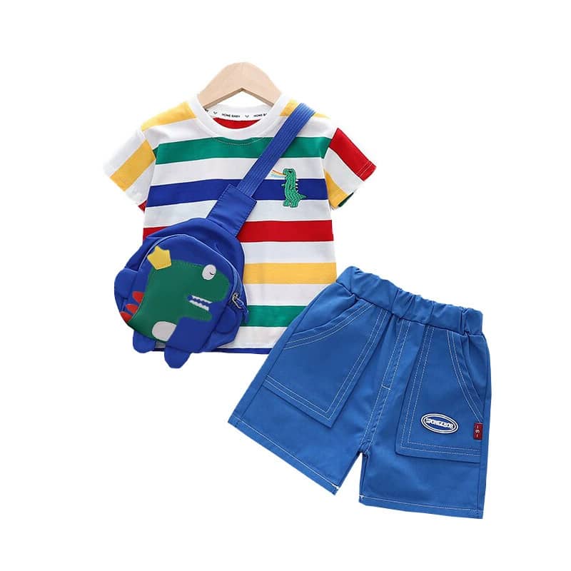 Multicolored Stripe & Plain Shirt & Shorts Set with Cross Bag