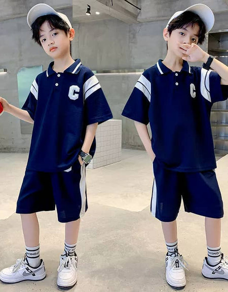 Letter Badge Striped Arm Polo & Shorts Set