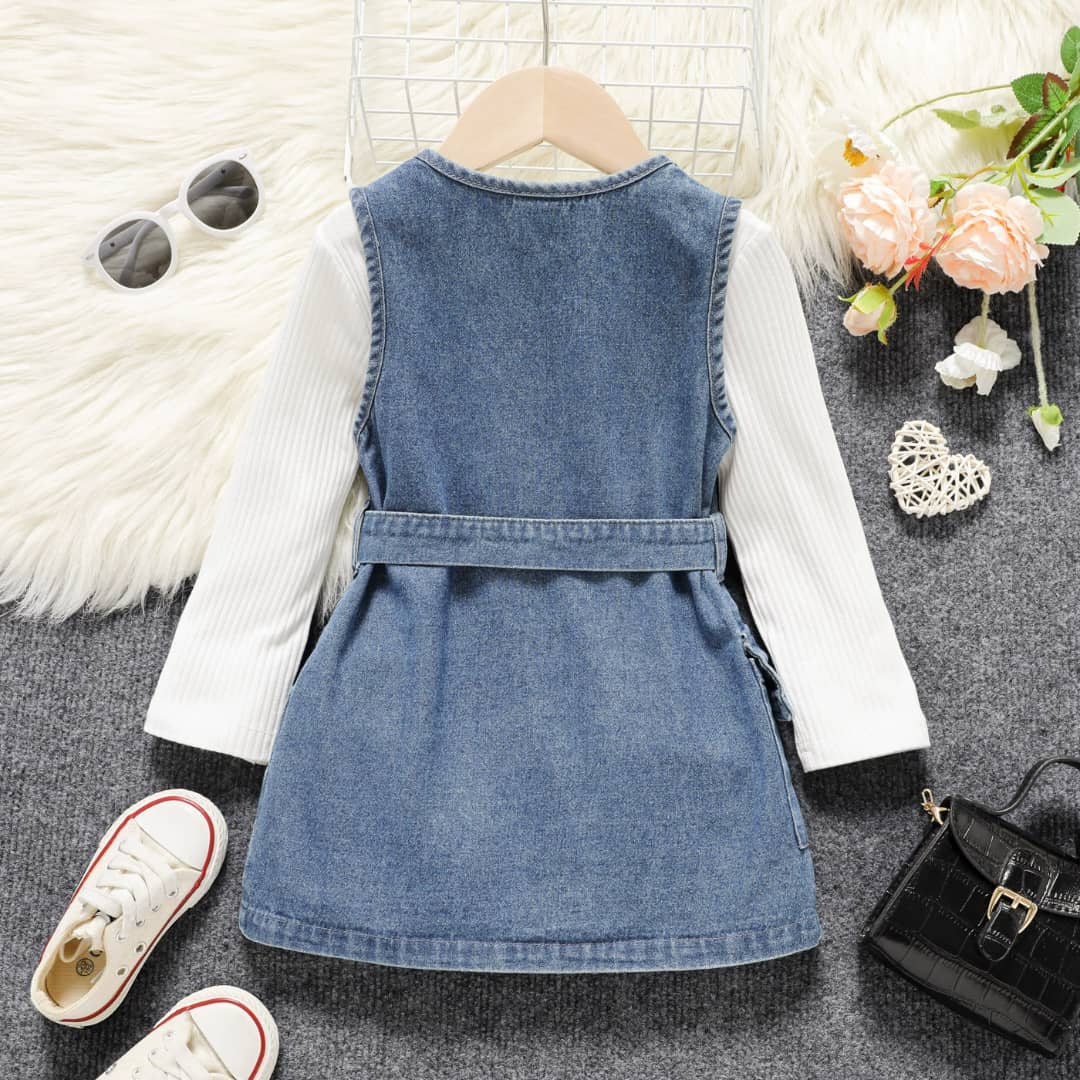 Double Breasted Button Down Denim Gown & Longsleeve Vest Set