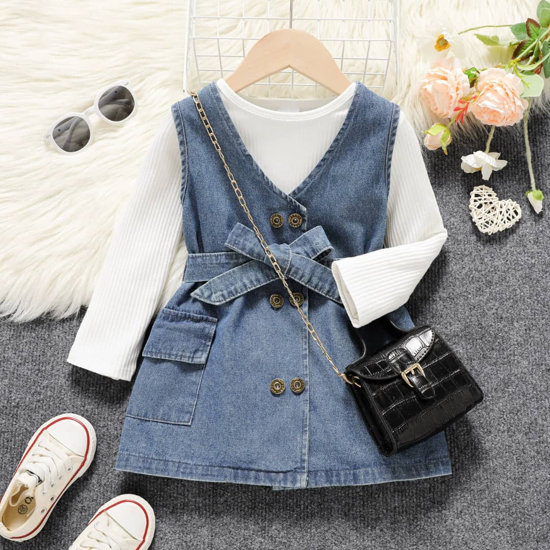 Double Breasted Button Down Denim Gown & Longsleeve Vest Set