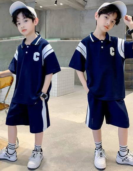 Letter Badge Striped Arm Polo & Shorts Set