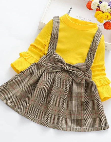 Classic Plaid Suspender Skirt & Frill Detail Top Set