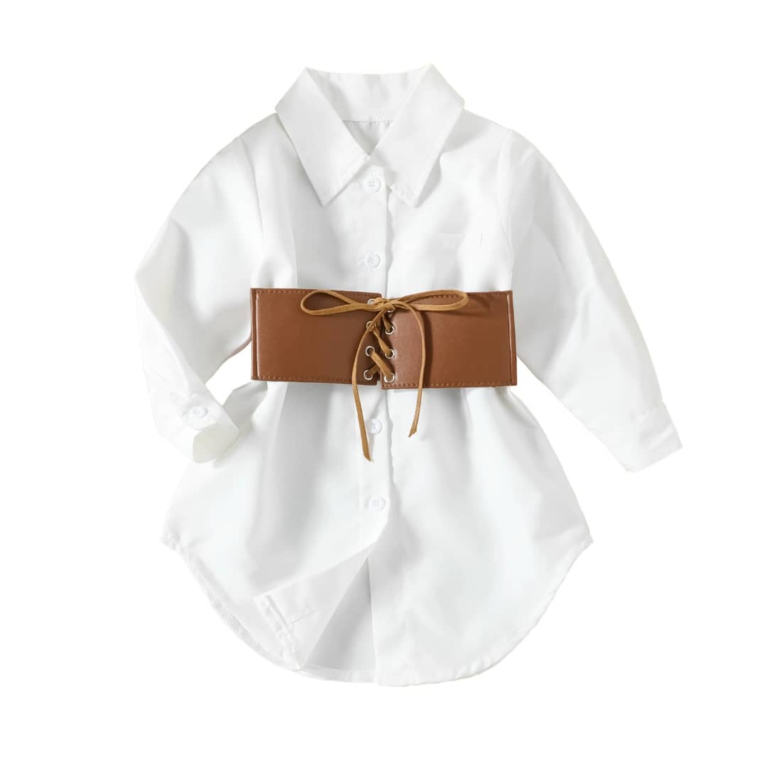 2piece White Collar Shirt Dress & Tummy Belt Set