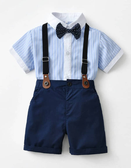 Classic Striped & Plain Collar Shirt, Bow tie, and Suspenders Set