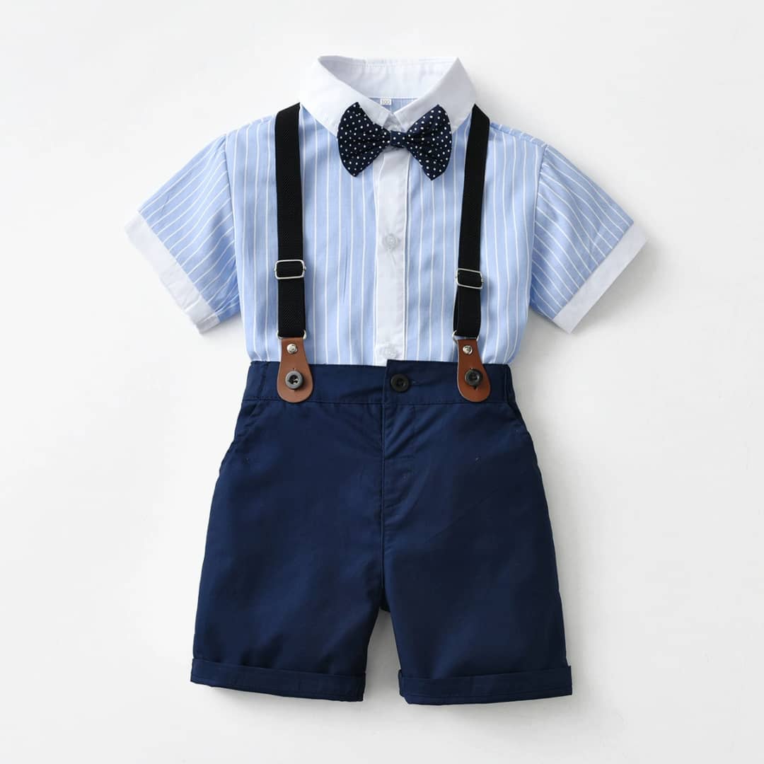 Classic Striped & Plain Collar Shirt, Bow tie, and Suspenders Set