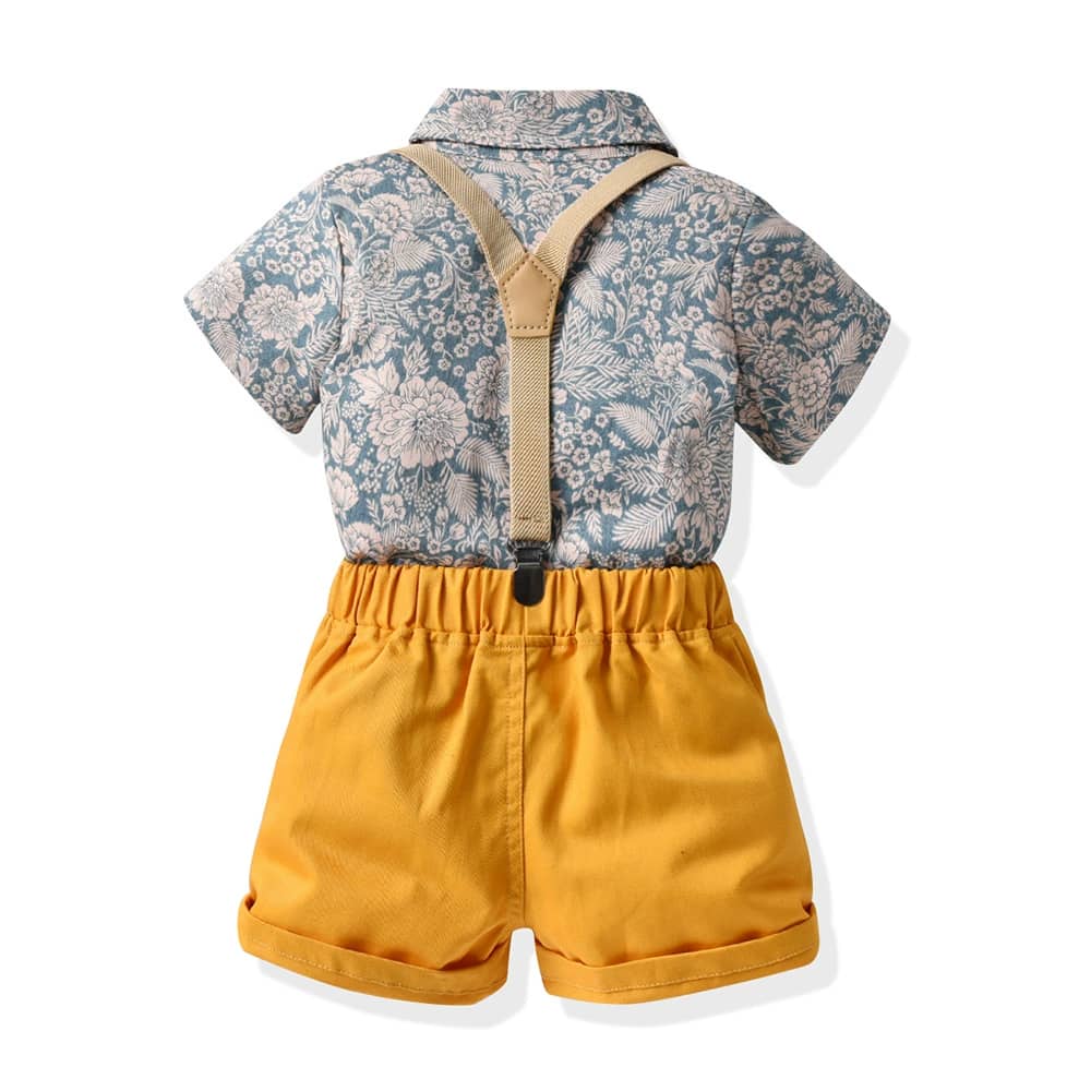 Vintage Floral Print Shirt, Shorts, Bow tie, and Suspenders Set