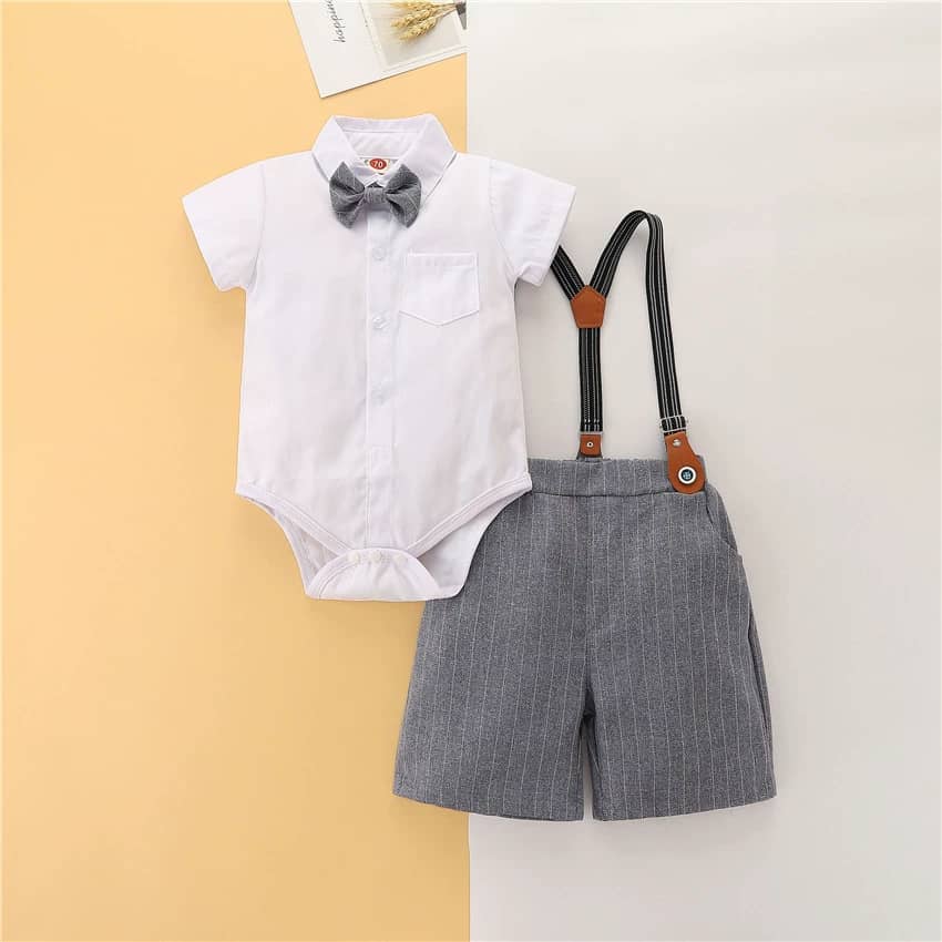 Baby Boy Formal Romper White Collar Shirt, Suspenders & Striped Pants Set