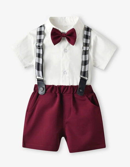 White Collar Shirt All-in-one Set with Check Suspenders