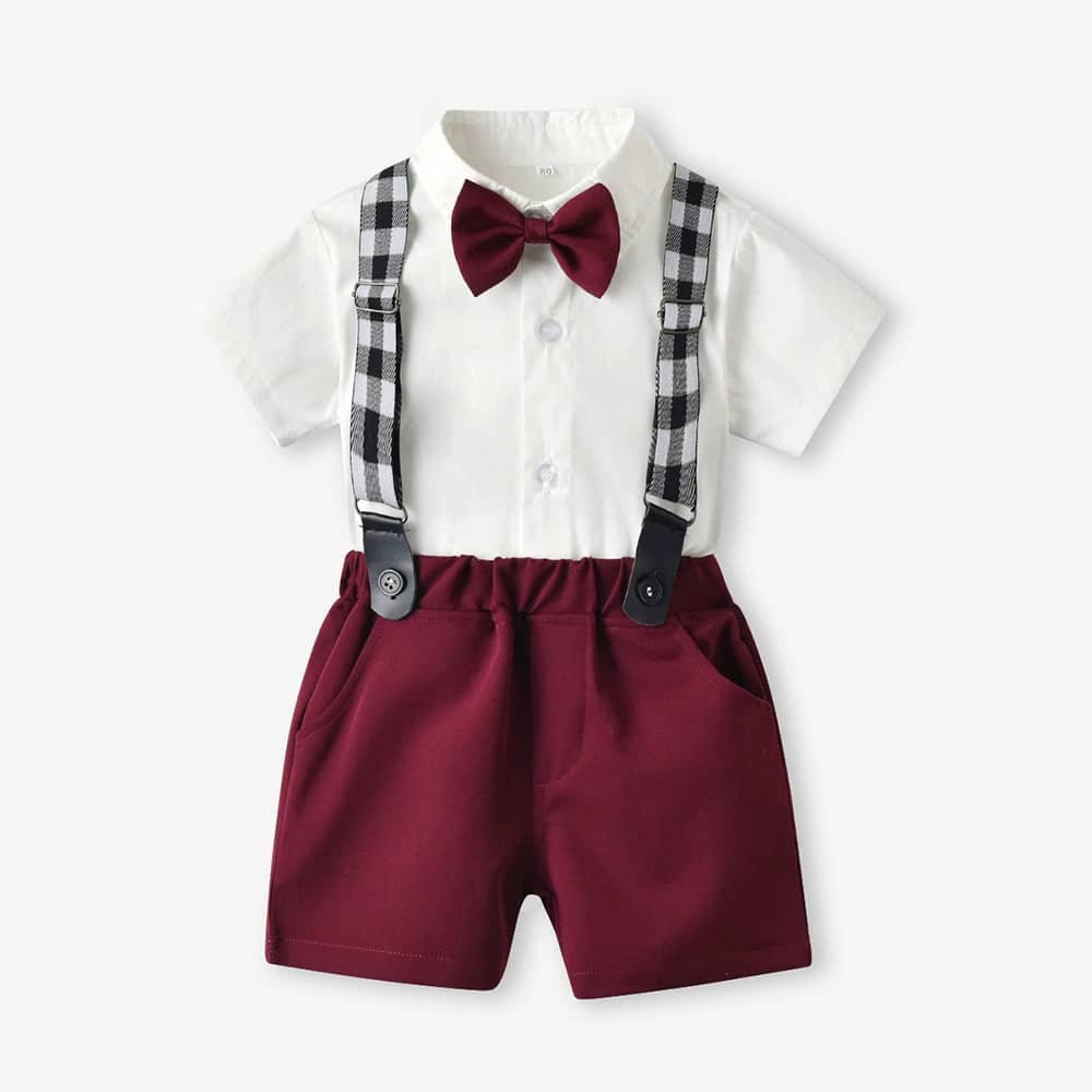 White Collar Shirt All-in-one Set with Check Suspenders