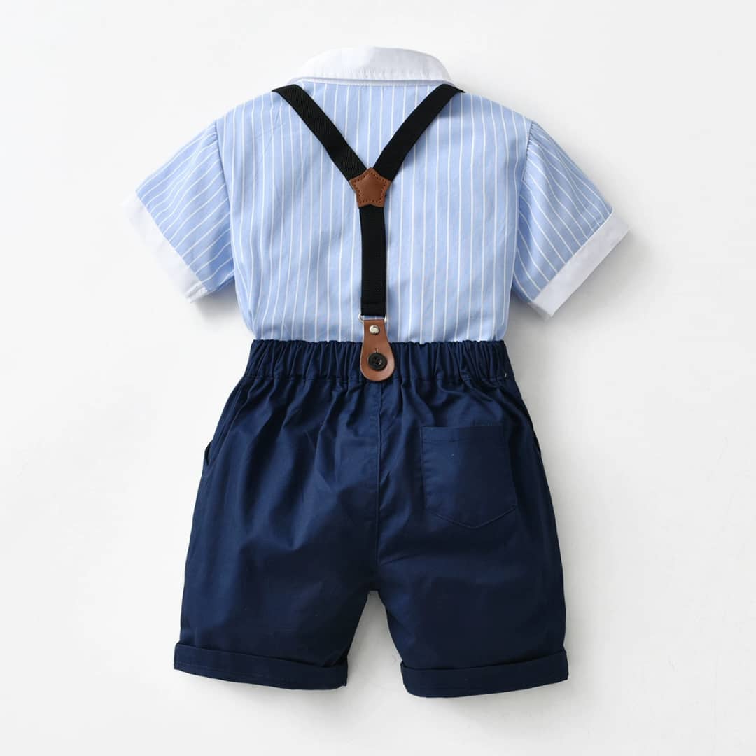 Classic Striped & Plain Collar Shirt, Bow tie, and Suspenders Set
