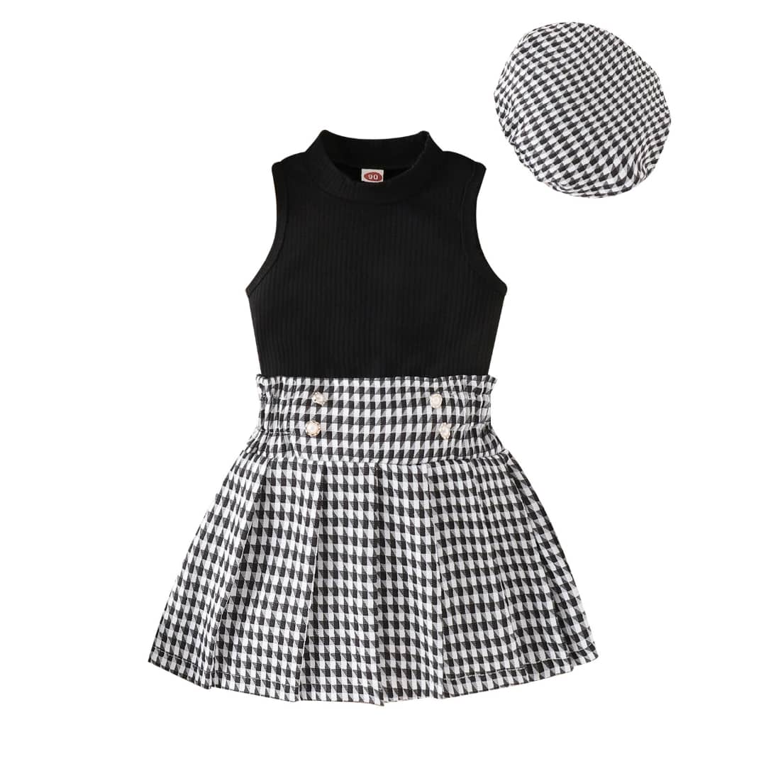 Houndstooth High Band Skirt, Top and Beret Set