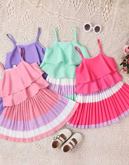 Pleated Colorblock Skirt & Layered Cami Top Set