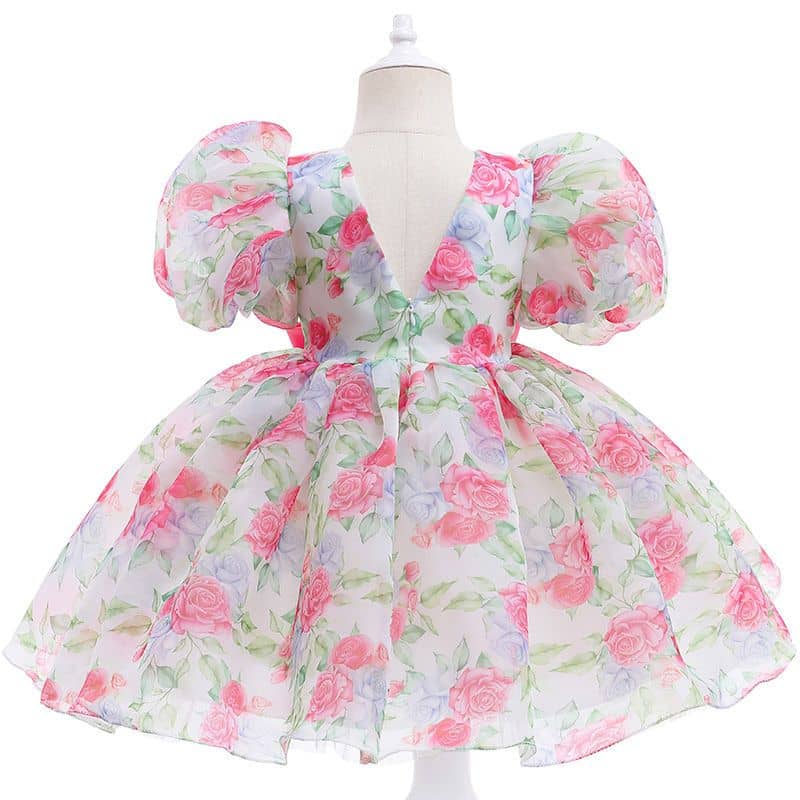 Flowery Pleated Ball Gown with Bow Detail.