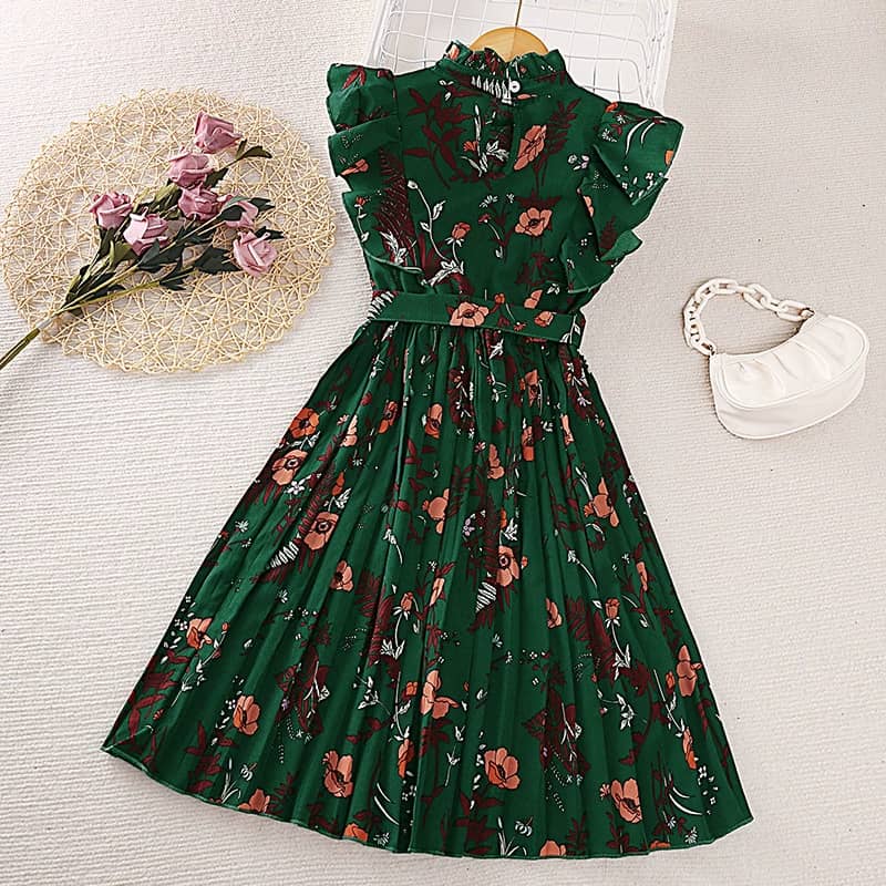 FLORAL PRINT PLEATED DRESS WITH BELT