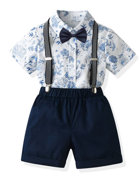 Retro Floral Print Shirt, Shorts, Bowtie and Suspender Combo