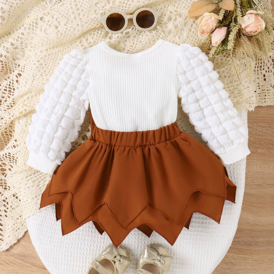 Scalloped Layered Bow Skirt & Bloated Sleeve Top Set