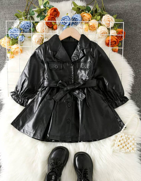 Lapel Collar Leather Longsleeve Dress with Belt