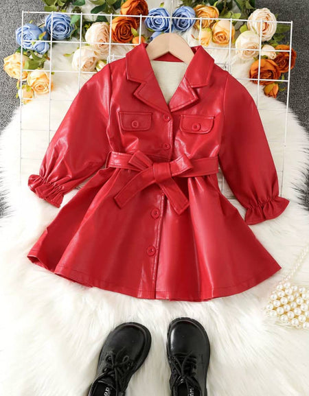 Lapel Collar Leather Longsleeve Dress with Belt