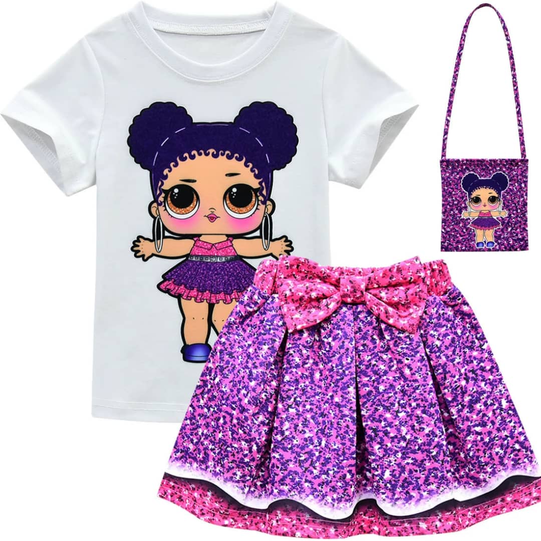 Stylish Girls Tee and Pleated Bow Skirt Set with Bag