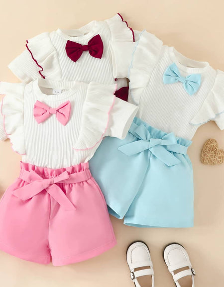 Shortsleeved Frill & Bow Detail Top & Shorts 2piece Set