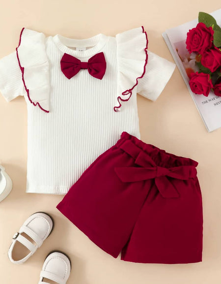 Shortsleeved Frill & Bow Detail Top & Shorts 2piece Set