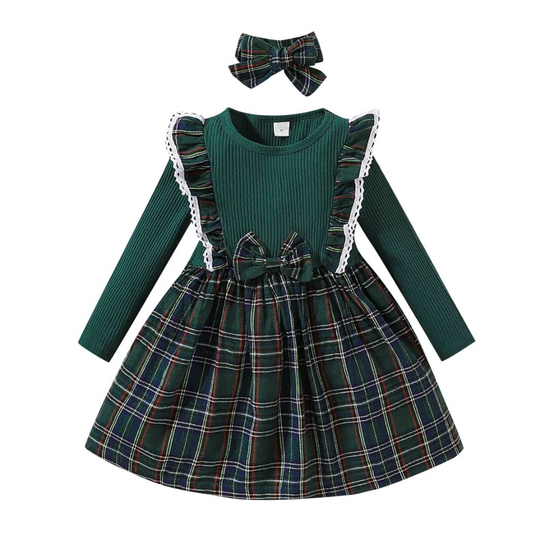 Lacey Frills Detail Bow Plaid Dress with Headband