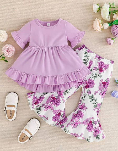 Larvender Top & Floral Flare Pants Set