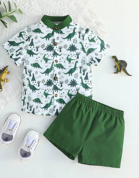 Dino Print Pope-Collar Shirt and Shorts set