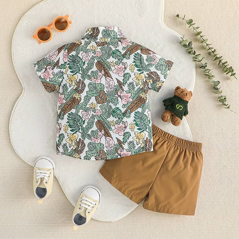 Floral Print Shirt and Solid Color Shorts Set