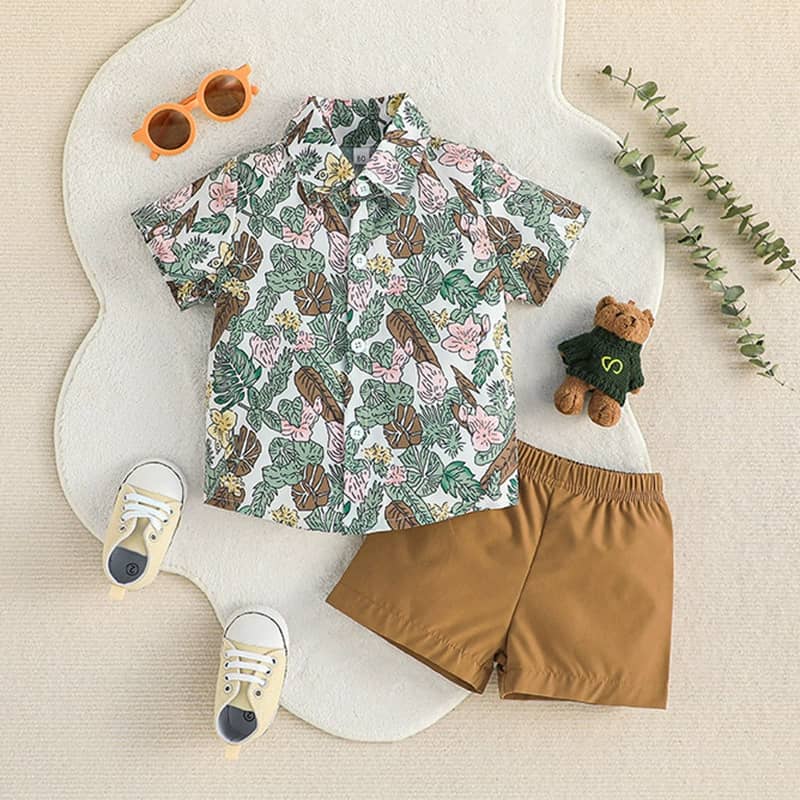 Floral Print Shirt and Solid Color Shorts Set