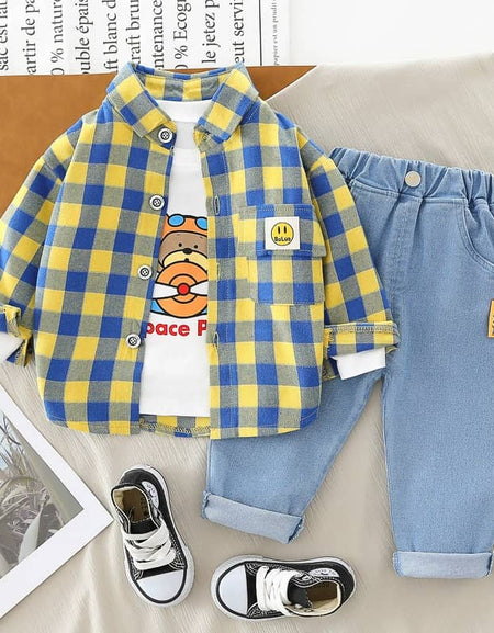 CHECKERBOARD OVERLAY SHIRT, VEST AND DENIM PANTS SET