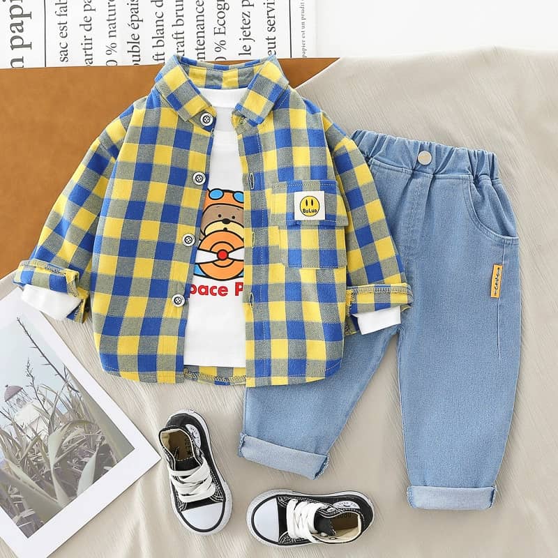 CHECKERBOARD OVERLAY SHIRT, VEST AND DENIM PANTS SET