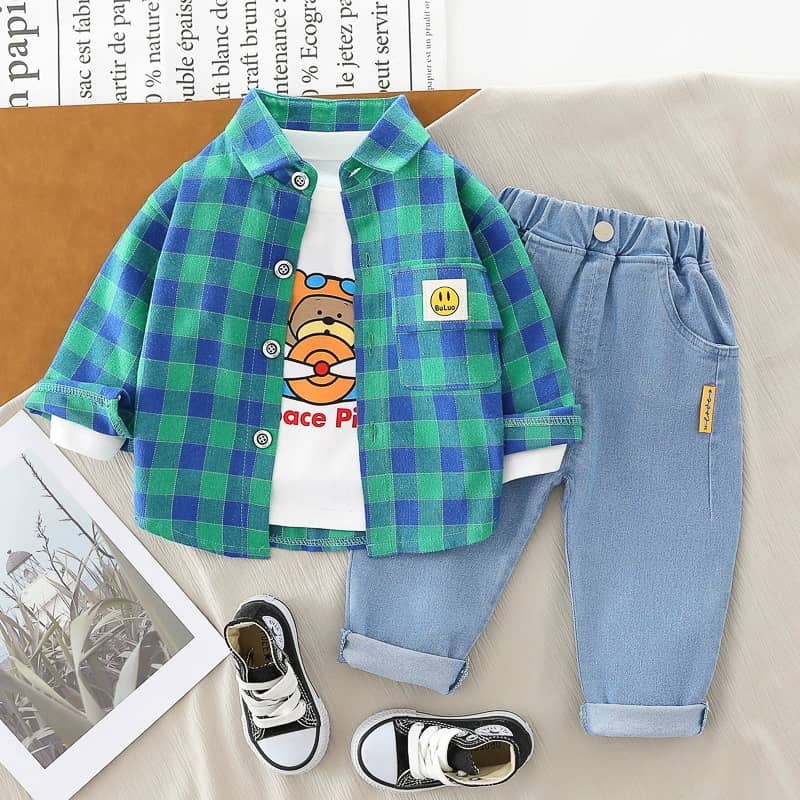 CHECKERBOARD OVERLAY SHIRT, VEST AND DENIM PANTS SET