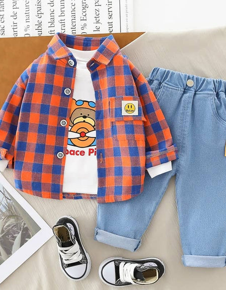 CHECKERBOARD OVERLAY SHIRT, VEST AND DENIM PANTS SET
