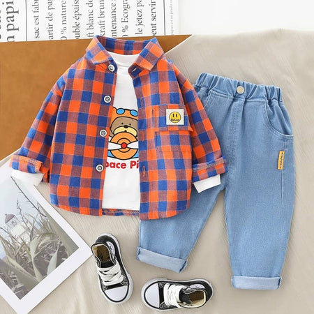 CHECKERBOARD OVERLAY SHIRT, VEST AND DENIM PANTS SET