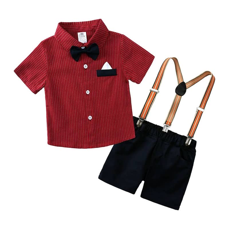Red Striped Collar Shirt and Chinos Shorts 3pieces Set