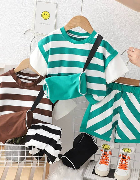 Striped 3pieces Side Bag, T-shirt and Shorts Set