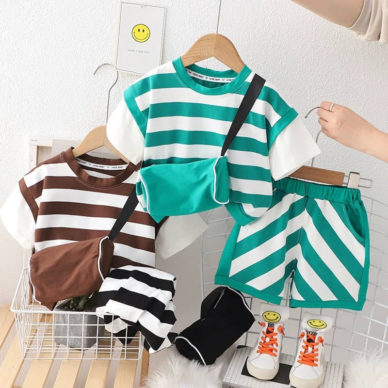 Striped 3pieces Side Bag, T-shirt and Shorts Set