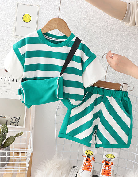 Striped 3pieces Side Bag, T-shirt and Shorts Set